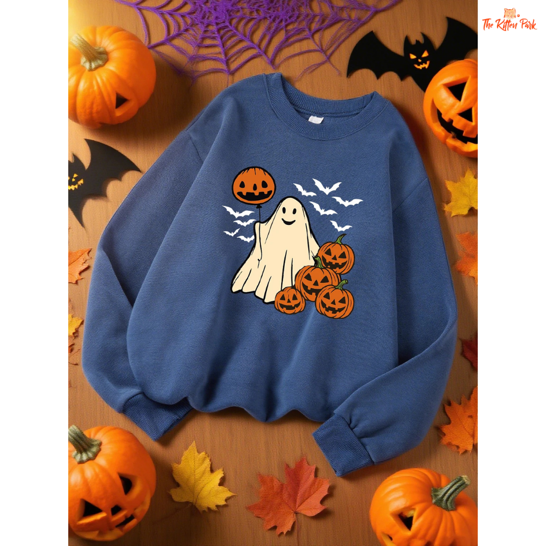 Pumpkin Ghost Bat Sweatshirt – Y2K Loose Autumn Top with cartoon pumpkin, ghost, and bat design, fleece warmth, and loose fit for autumn/winter.
