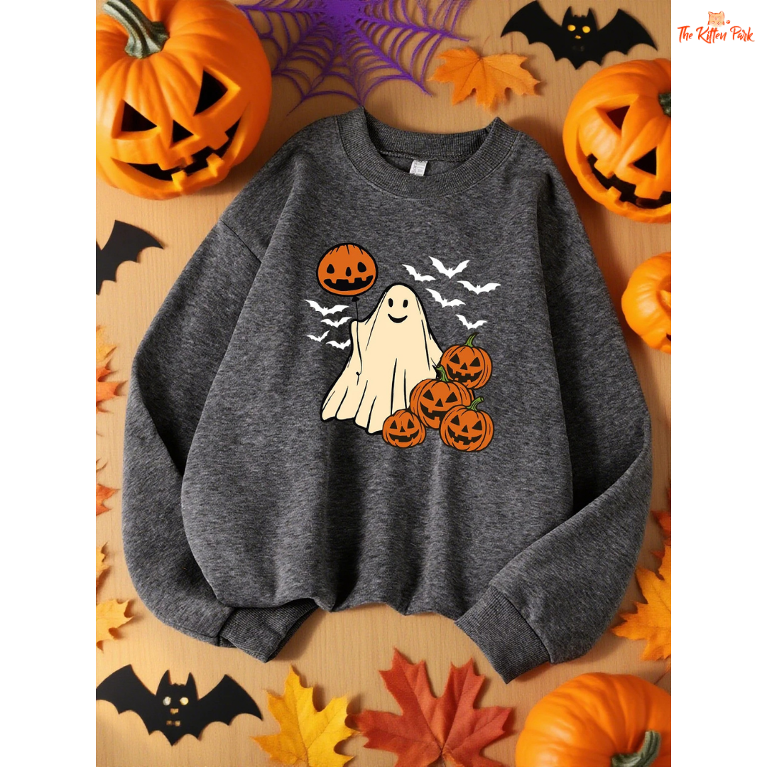 Pumpkin Ghost Bat Sweatshirt – Y2K Loose Autumn Top with cartoon pumpkin, ghost, and bat design, fleece warmth, and loose fit for autumn/winter.