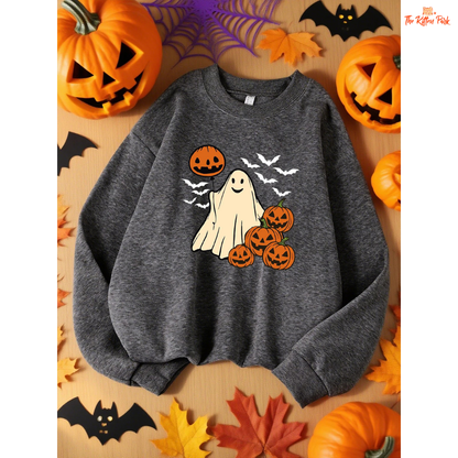 Pumpkin Ghost Bat Sweatshirt – Y2K Loose Autumn Top with cartoon pumpkin, ghost, and bat design, fleece warmth, and loose fit for autumn/winter.