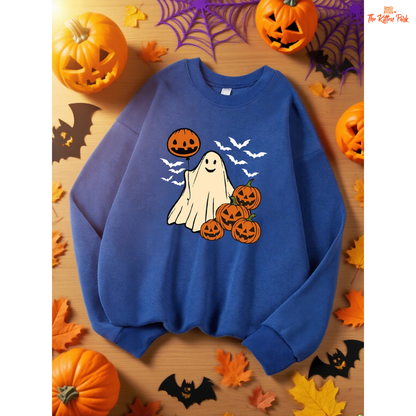 Pumpkin Ghost Bat Sweatshirt – Y2K Loose Autumn Top with cartoon pumpkin, ghost, and bat design, fleece warmth, and loose fit for autumn/winter.