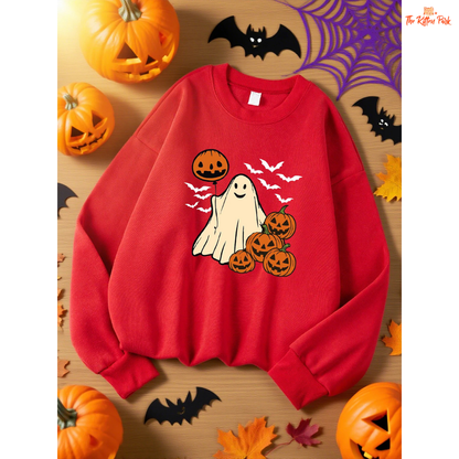 Pumpkin Ghost Bat Sweatshirt – Y2K Loose Autumn Top with cartoon pumpkin, ghost, and bat design, fleece warmth, and loose fit for autumn/winter.