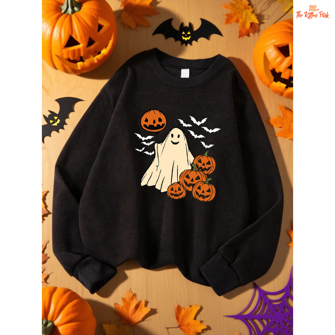 Pumpkin Ghost Bat Sweatshirt – Y2K Loose Autumn Top with cartoon pumpkin, ghost, and bat design, fleece warmth, and loose fit for autumn/winter.