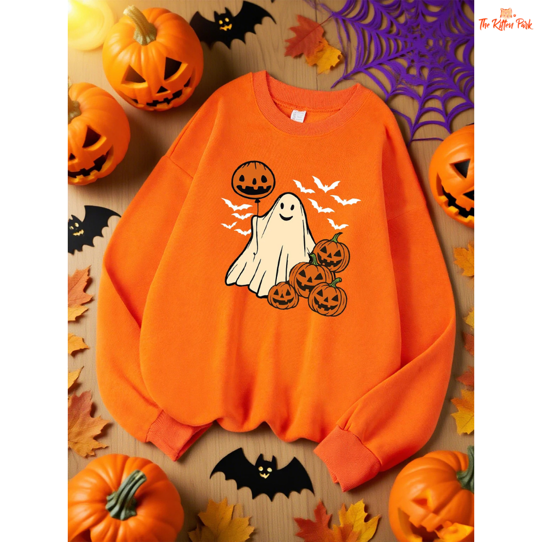 Pumpkin Ghost Bat Sweatshirt – Y2K Loose Autumn Top with cartoon pumpkin, ghost, and bat design, fleece warmth, and loose fit for autumn/winter.