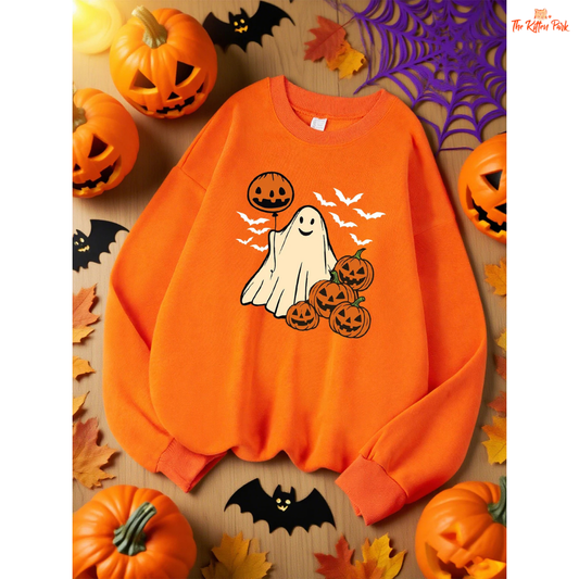 Pumpkin Ghost Bat Sweatshirt – Y2K Loose Autumn Top with cartoon pumpkin, ghost, and bat design, fleece warmth, and loose fit for autumn/winter.
