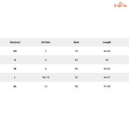 Size chart for clothing with US size, bust, and length measurements.