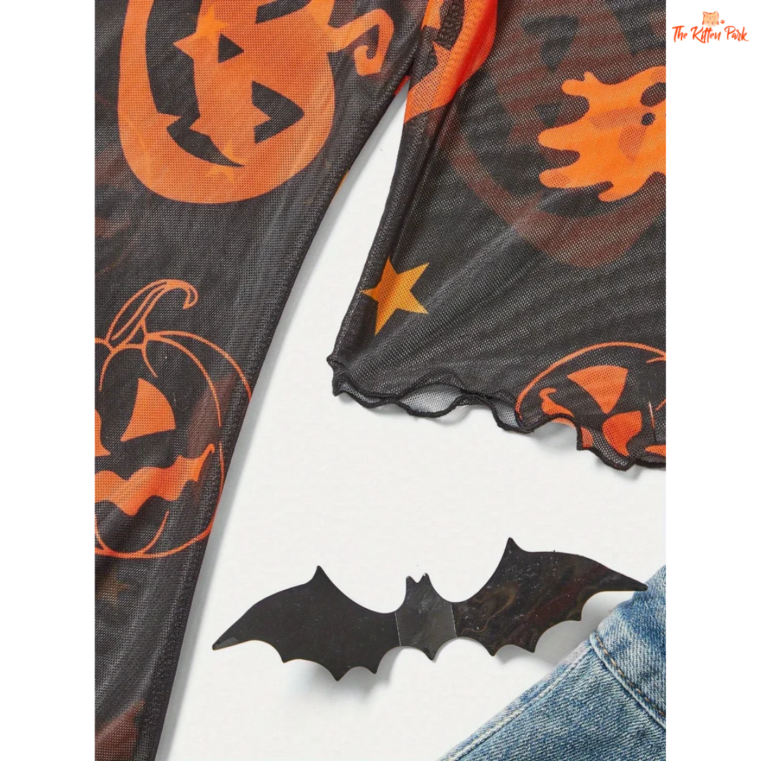 Pumpkin Mesh T-Shirt – Women's Halloween Fashion Top with cartoon pumpkin mesh design, flare sleeves, and lightweight polyester-spandex for summer wear.