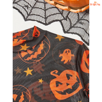 Pumpkin Mesh T-Shirt – Women's Halloween Fashion Top with cartoon pumpkin mesh design, flare sleeves, and lightweight polyester-spandex for summer wear.
