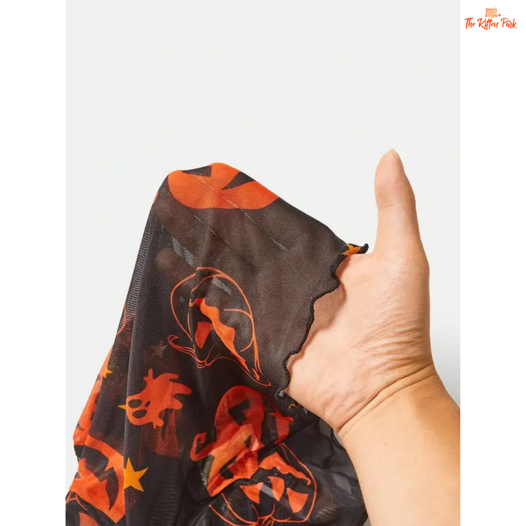 Pumpkin Mesh T-Shirt – Women's Halloween Fashion Top with cartoon pumpkin mesh design, flare sleeves, and lightweight polyester-spandex for summer wear.