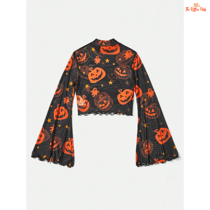 Pumpkin Mesh T-Shirt – Women's Halloween Fashion Top with cartoon pumpkin mesh design, flare sleeves, and lightweight polyester-spandex for summer wear.