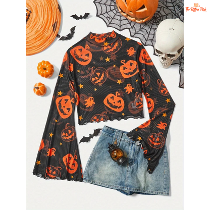 Pumpkin Mesh T-Shirt – Women's Halloween Fashion Top with cartoon pumpkin mesh design, flare sleeves, and lightweight polyester-spandex for summer wear.