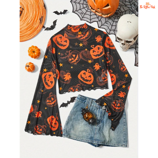 Pumpkin Mesh T-Shirt – Women's Halloween Fashion Top with cartoon pumpkin mesh design, flare sleeves, and lightweight polyester-spandex for summer wear.