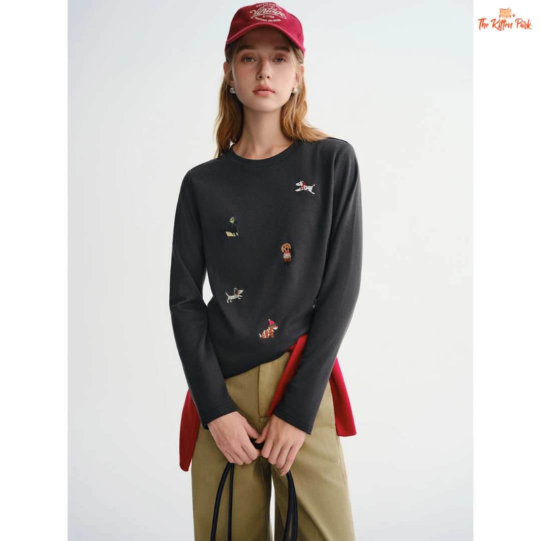 Puppy Embroidered Fleece T-Shirt featuring a cute embroidered puppy design, soft cotton blend material, and loose long-sleeve fit for cozy autumn and winter wear.