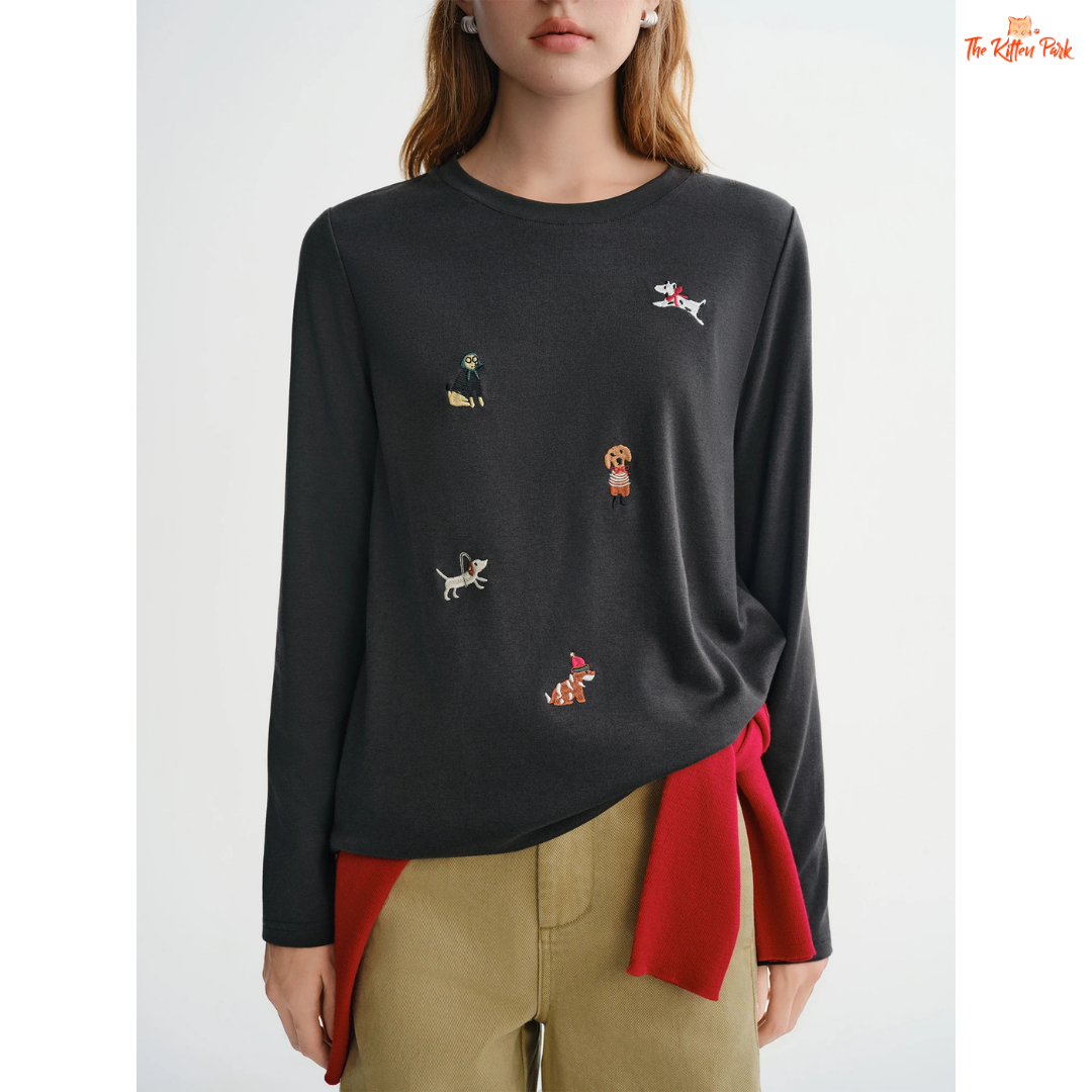 Puppy Embroidered Fleece T-Shirt featuring a cute embroidered puppy design, soft cotton blend material, and loose long-sleeve fit for cozy autumn and winter wear.