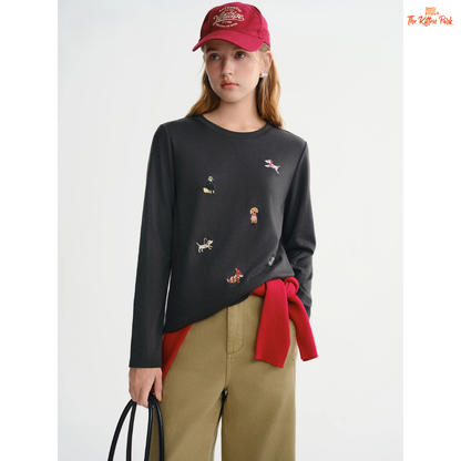 Puppy Embroidered Fleece T-Shirt featuring a cute embroidered puppy design, soft cotton blend material, and loose long-sleeve fit for cozy autumn and winter wear.