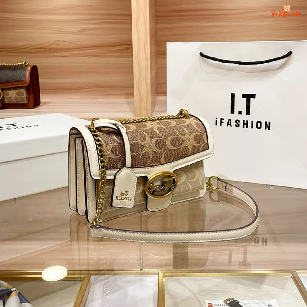 Small square crossbody shoulder bag for women, with a color contrast geometric pattern, satchel shape, and zipper + hasp closure for a chic look.