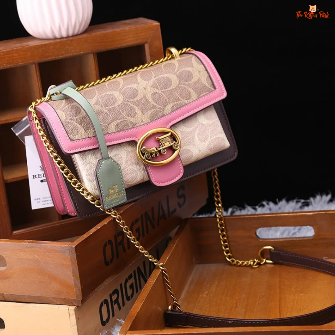 Small square crossbody shoulder bag for women, with a color contrast geometric pattern, satchel shape, and zipper + hasp closure for a chic look.