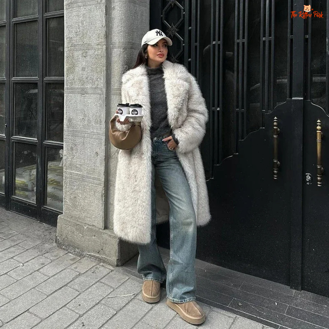 A long gradient faux fur coat for women, featuring a slouchy fit, warm lining, and vintage-inspired fur detailing for elegant winter wear.