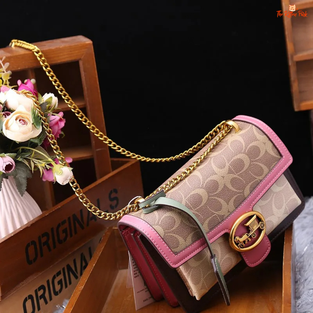 Small square crossbody shoulder bag for women, with a color contrast geometric pattern, satchel shape, and zipper + hasp closure for a chic look.