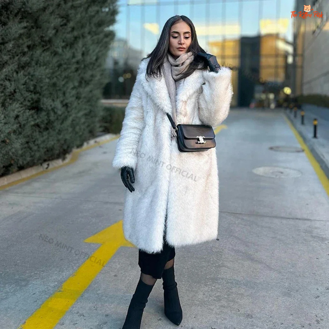 A long gradient faux fur coat for women, featuring a slouchy fit, warm lining, and vintage-inspired fur detailing for elegant winter wear.