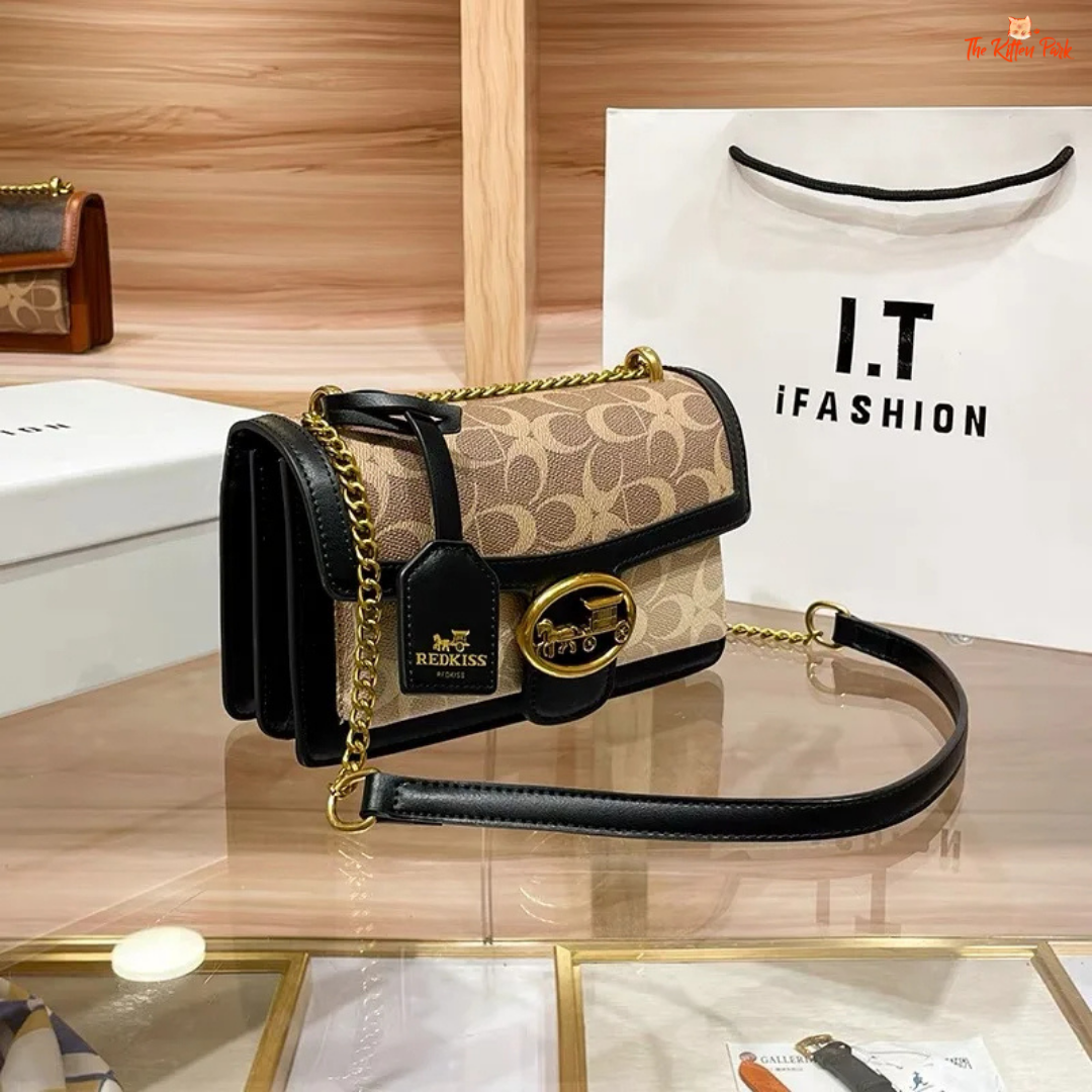 Small square crossbody shoulder bag for women, with a color contrast geometric pattern, satchel shape, and zipper + hasp closure for a chic look.