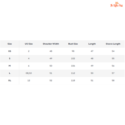 Size chart for clothing with measurements in millimeters