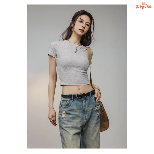 Slim-fit cotton crop tee for women with short sleeves, layered Henry top design, solid color style — ideal for casual summer wear.