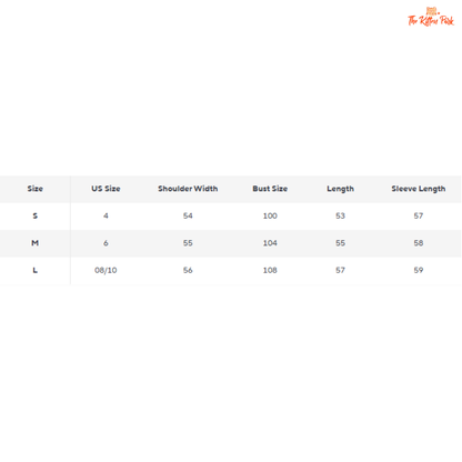 Size chart for clothing with shoulder width, bust size, length, and sleeve length measurements.