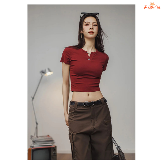 Slim-fit cotton crop tee for women with short sleeves, layered Henry top design, solid color style — ideal for casual summer wear.