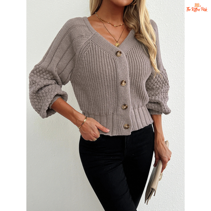 Women’s Raglan Sleeve Knit Cardigan featuring lantern sleeves, button details, and open-stitch V-neck in camel brown acrylic knit for autumn and winter wear.