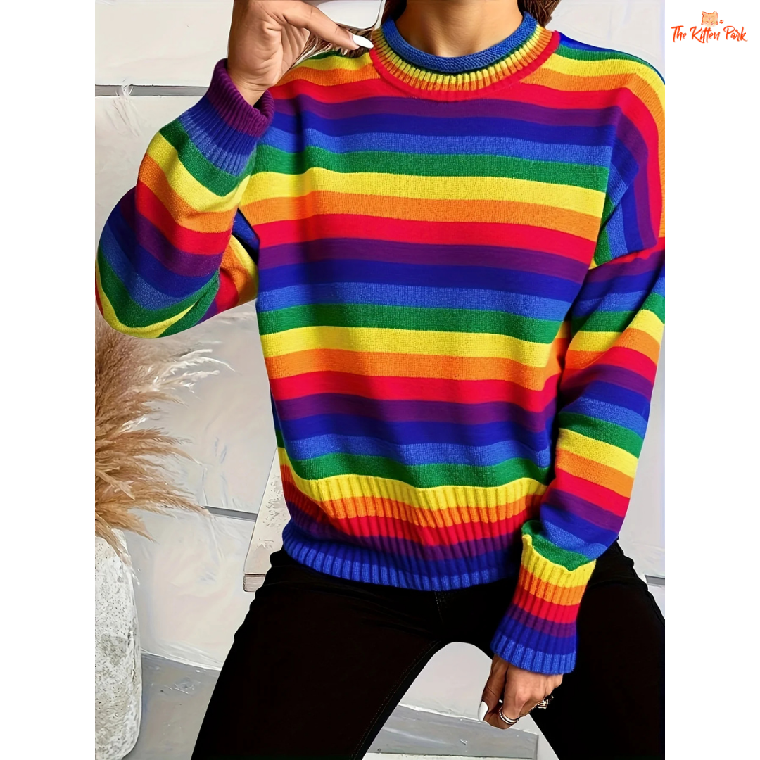 A women’s retro sweater with rainbow striped pattern, extra-heavy polyester knit, O-neck, and full sleeves in Japanese casual style for autumn and winter.