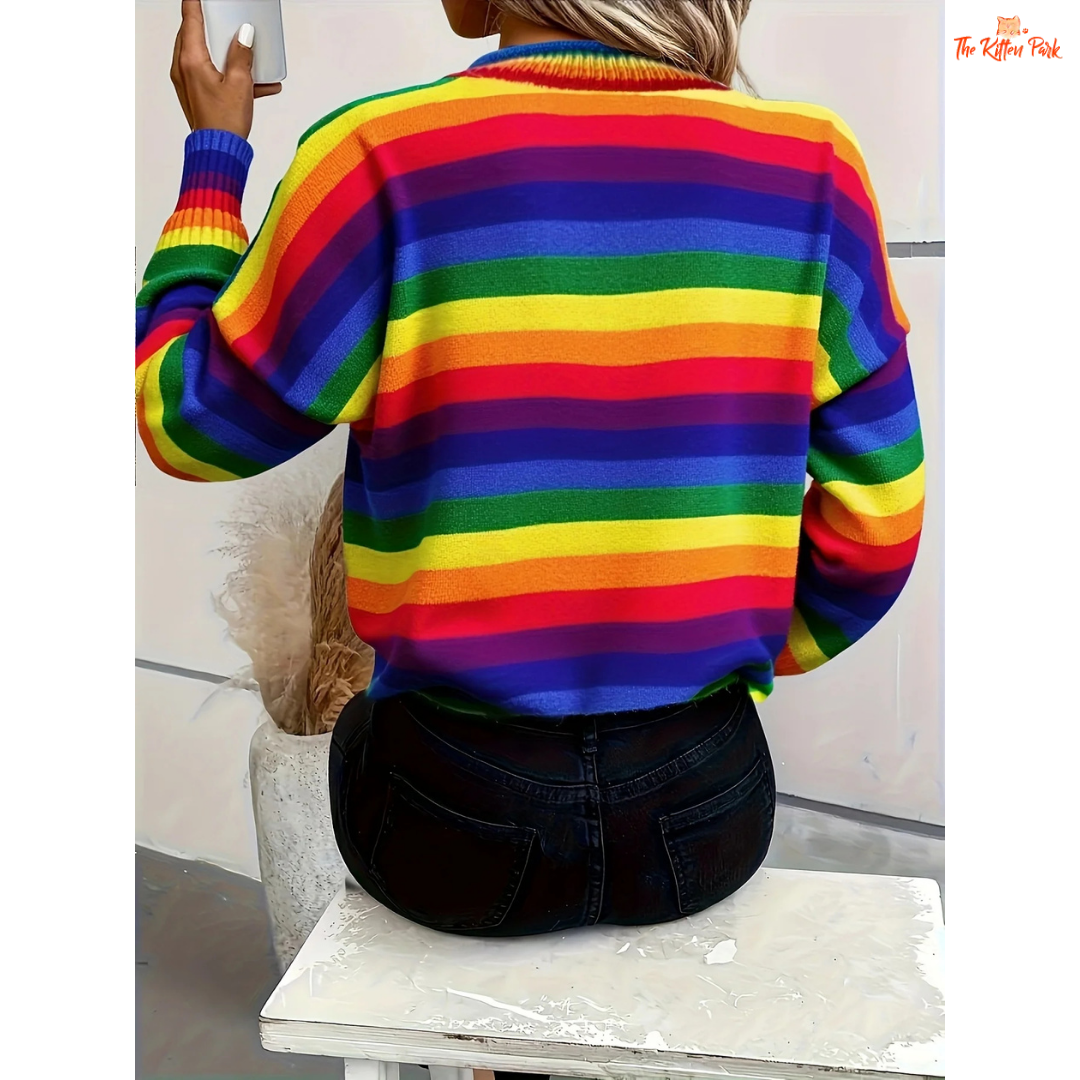 A women’s retro sweater with rainbow striped pattern, extra-heavy polyester knit, O-neck, and full sleeves in Japanese casual style for autumn and winter.