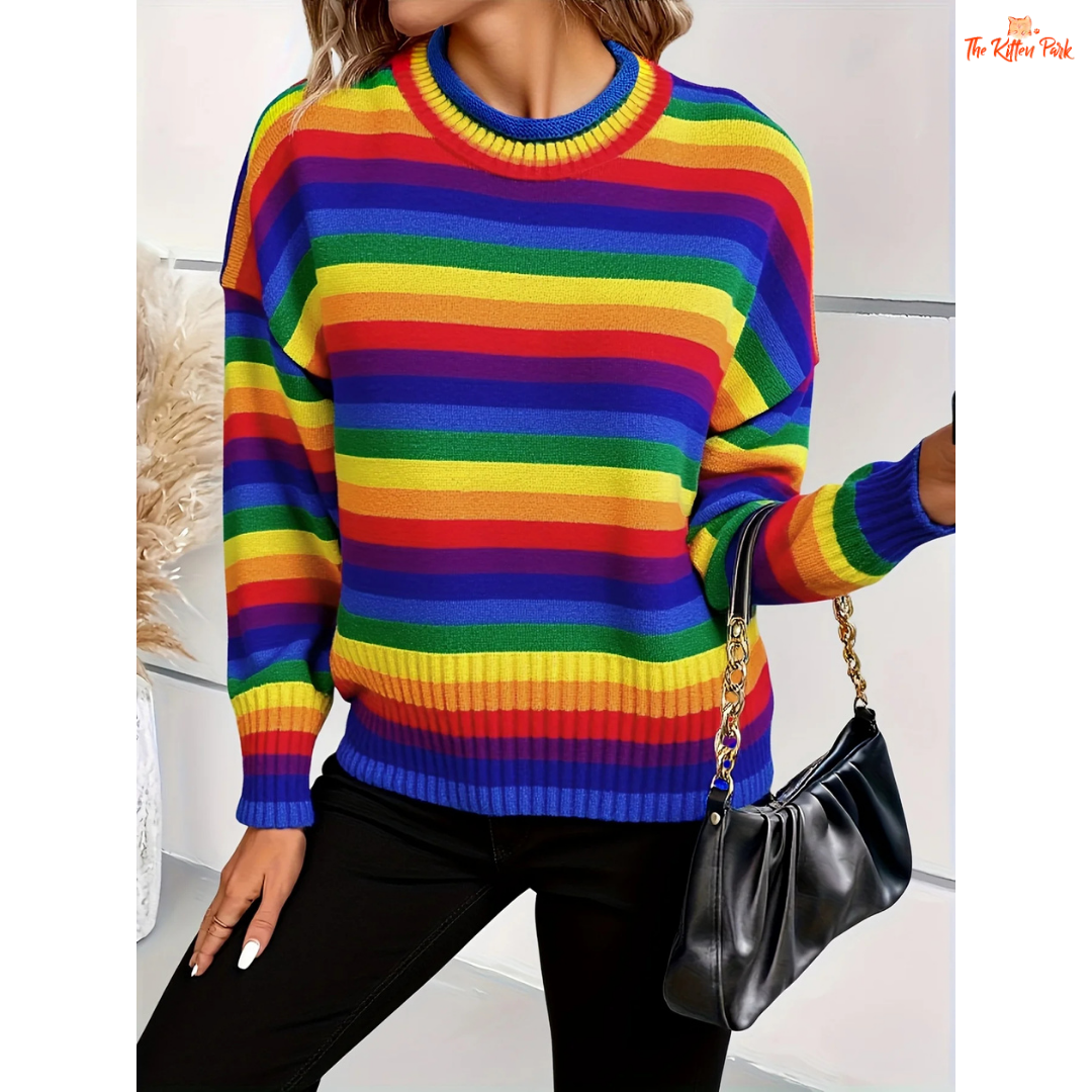 A women’s retro sweater with rainbow striped pattern, extra-heavy polyester knit, O-neck, and full sleeves in Japanese casual style for autumn and winter.