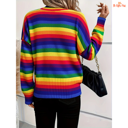 A women’s retro sweater with rainbow striped pattern, extra-heavy polyester knit, O-neck, and full sleeves in Japanese casual style for autumn and winter.