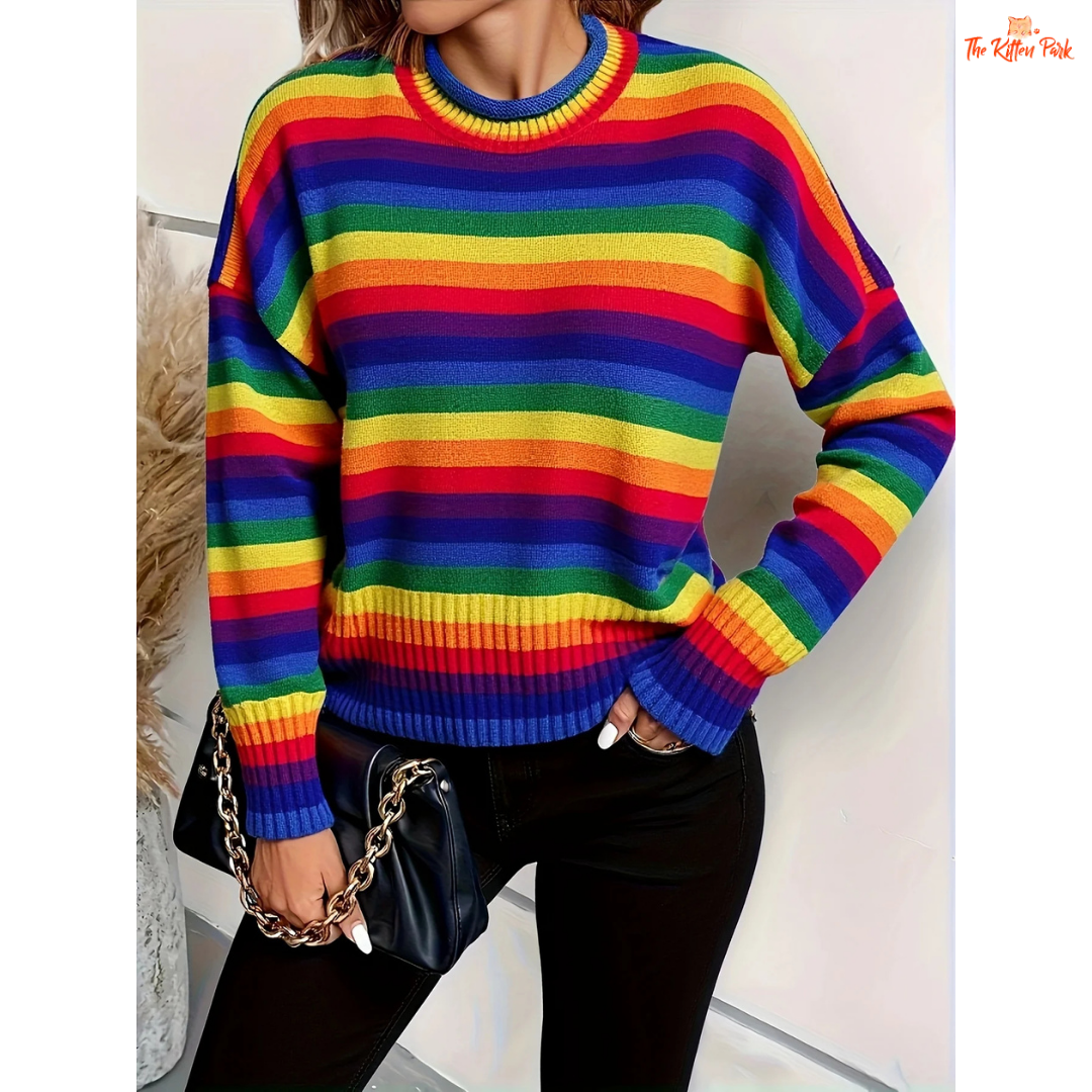 A women’s retro sweater with rainbow striped pattern, extra-heavy polyester knit, O-neck, and full sleeves in Japanese casual style for autumn and winter.