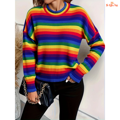A women’s retro sweater with rainbow striped pattern, extra-heavy polyester knit, O-neck, and full sleeves in Japanese casual style for autumn and winter.