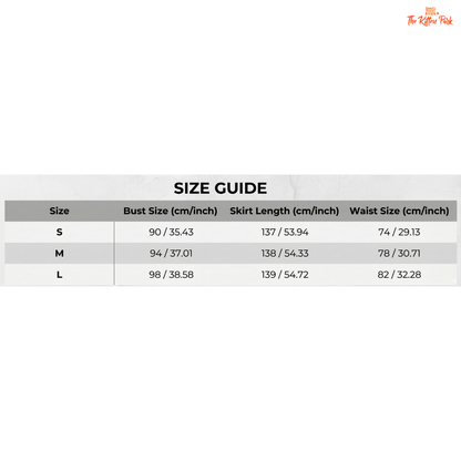 Size guide chart for clothing with bust, skirt length, and waist measurements.