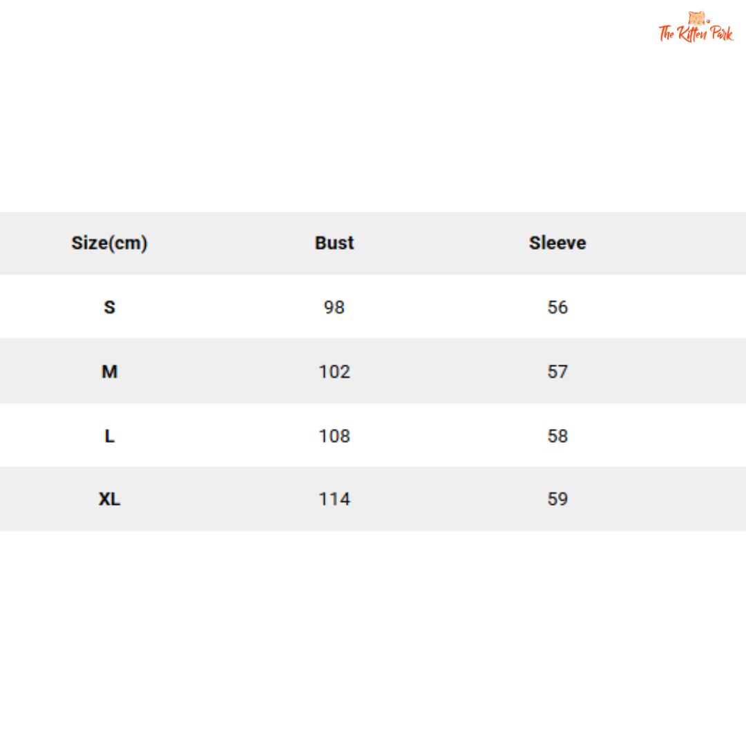 Size chart for clothing with bust and sleeve measurements in centimeters.