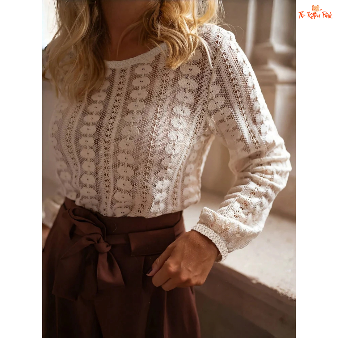 Refined openwork long sleeve knit top for women with hollow-out design, O-neck collar, and apricot color tone for all seasons.