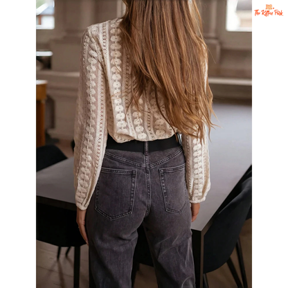 Refined openwork long sleeve knit top for women with hollow-out design, O-neck collar, and apricot color tone for all seasons.