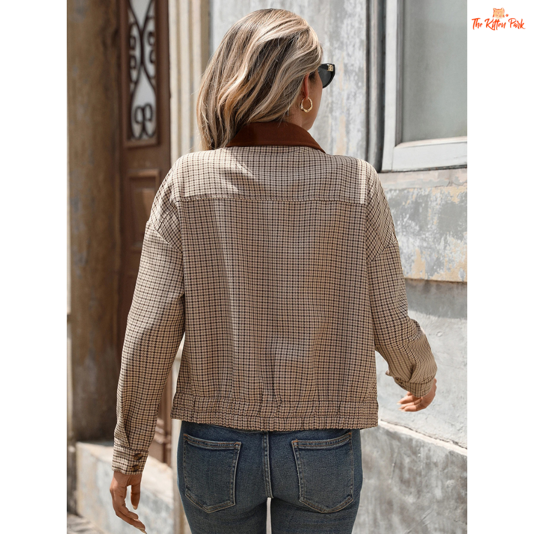 Retro checkered short zipper jacket for women featuring plaid pattern, turn-down collar, and cropped casual fit in light brown tones for autumn wear.