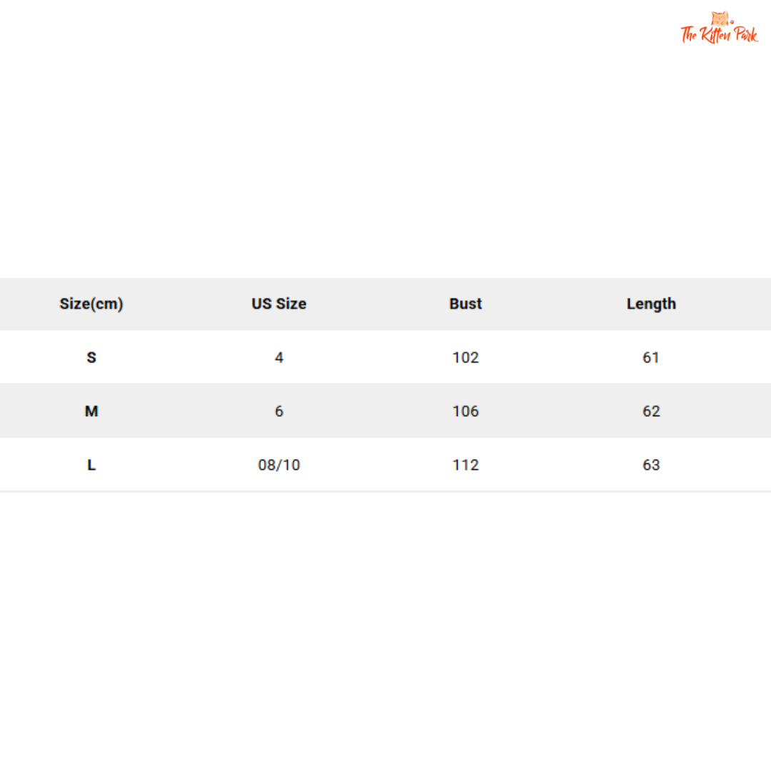 Size chart for clothing with measurements in centimeters, US sizes, bust, and length.