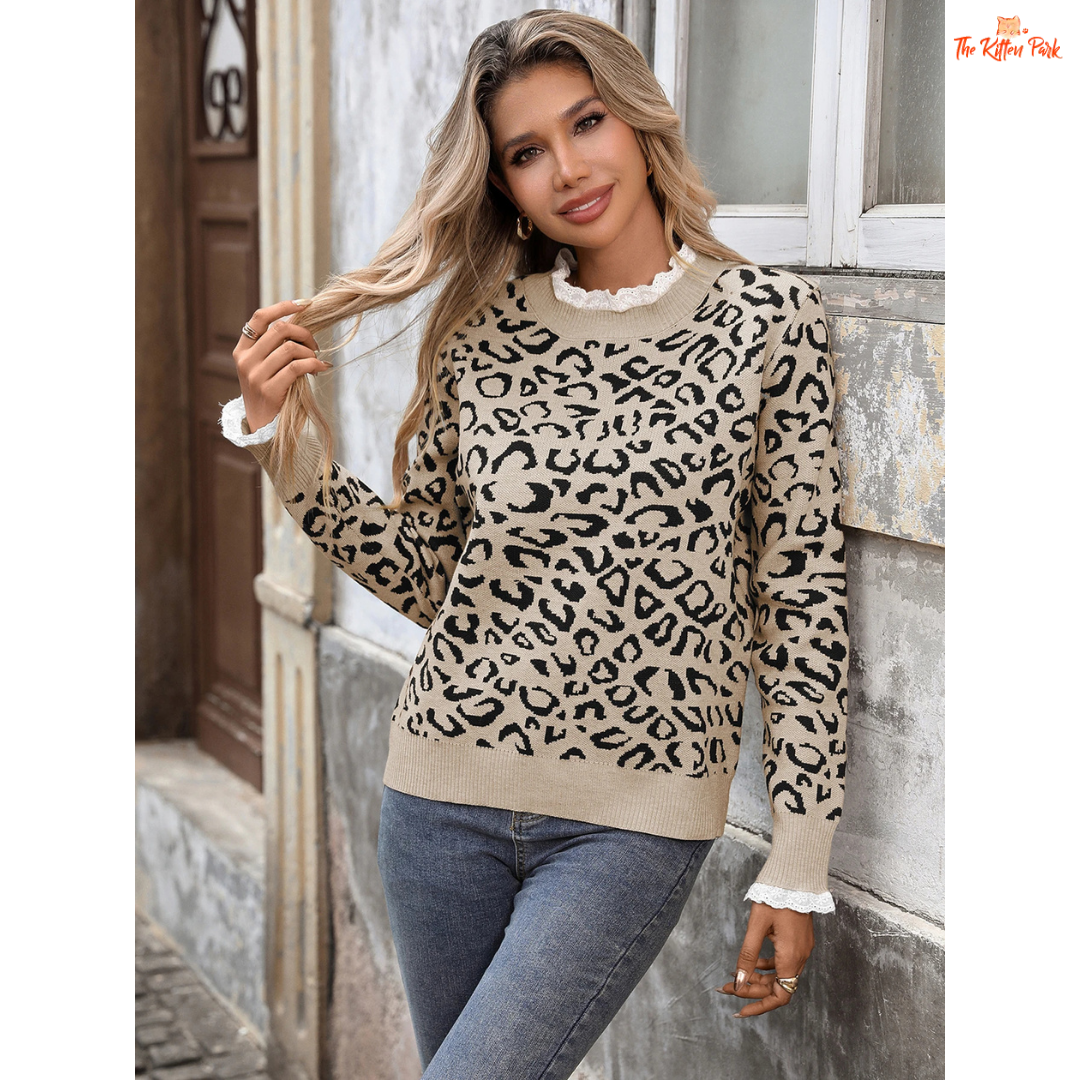Retro leopard lace patchwork pullover sweater for women featuring a knit design, loose fit, and elegant lace splicing in casual autumn-winter style.