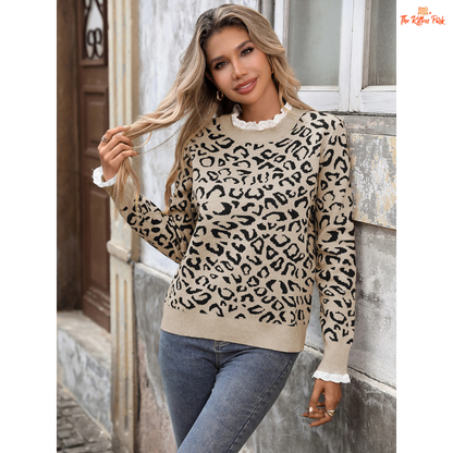 Retro leopard lace patchwork pullover sweater for women featuring a knit design, loose fit, and elegant lace splicing in casual autumn-winter style.