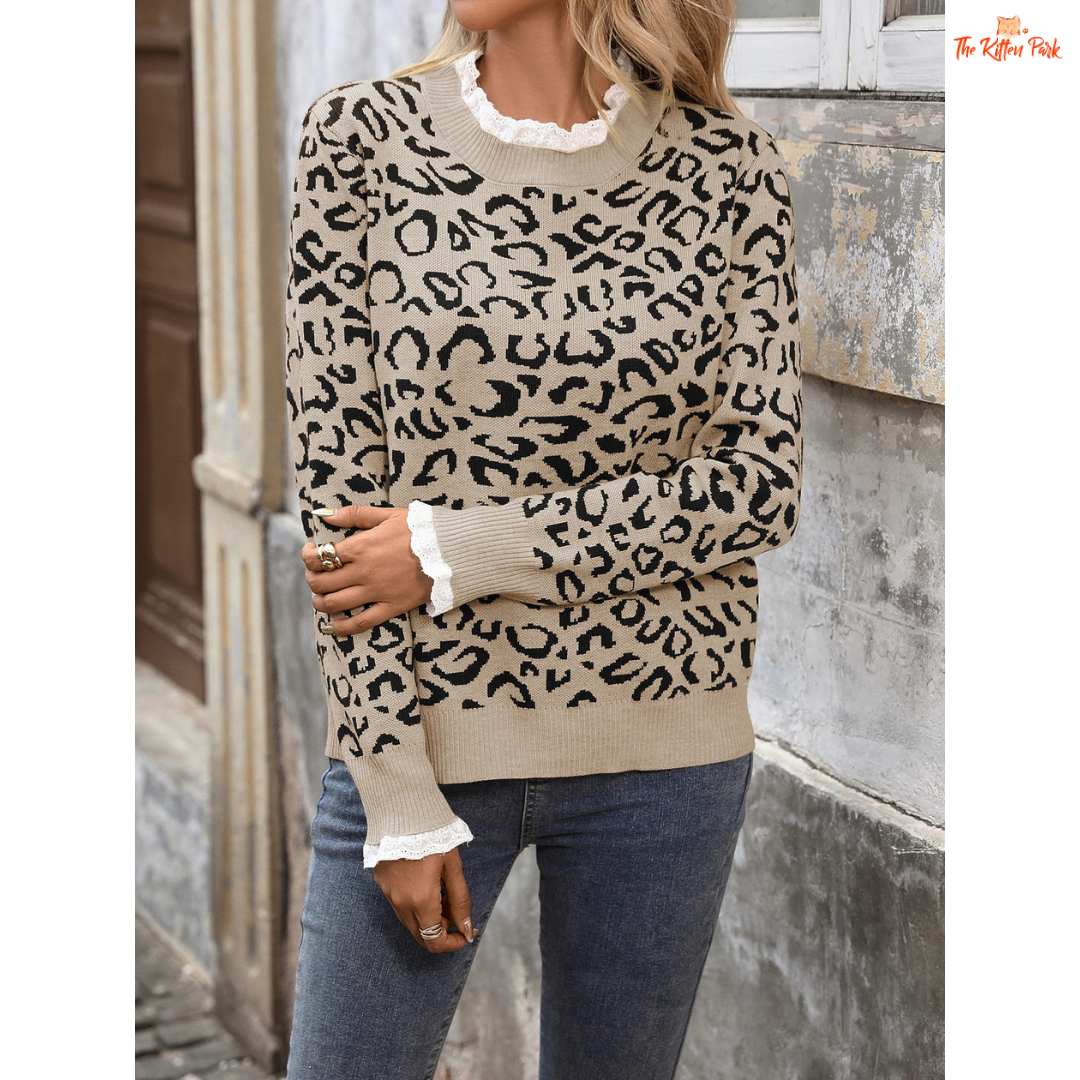 Retro leopard lace patchwork pullover sweater for women featuring a knit design, loose fit, and elegant lace splicing in casual autumn-winter style.