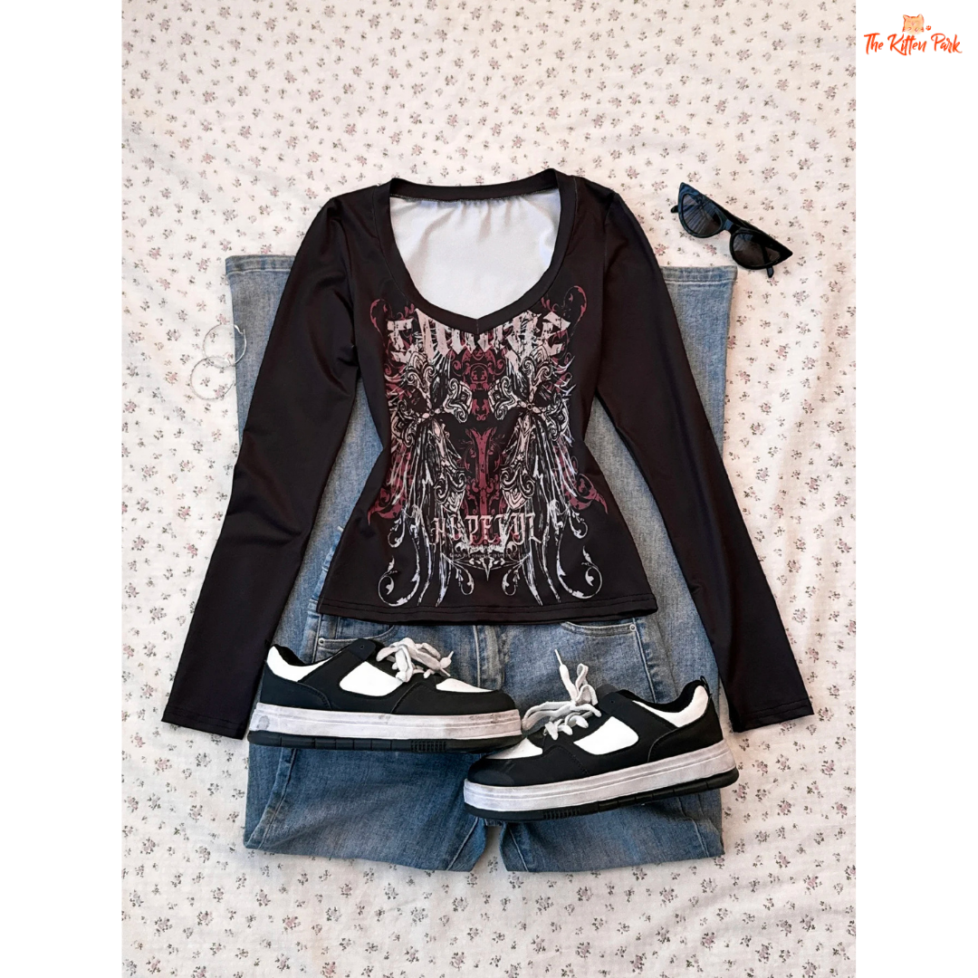 Retro Music Print Long Sleeve T-Shirt