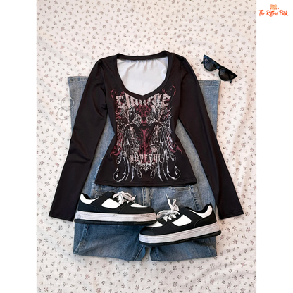 Retro Music Print Long Sleeve T-Shirt