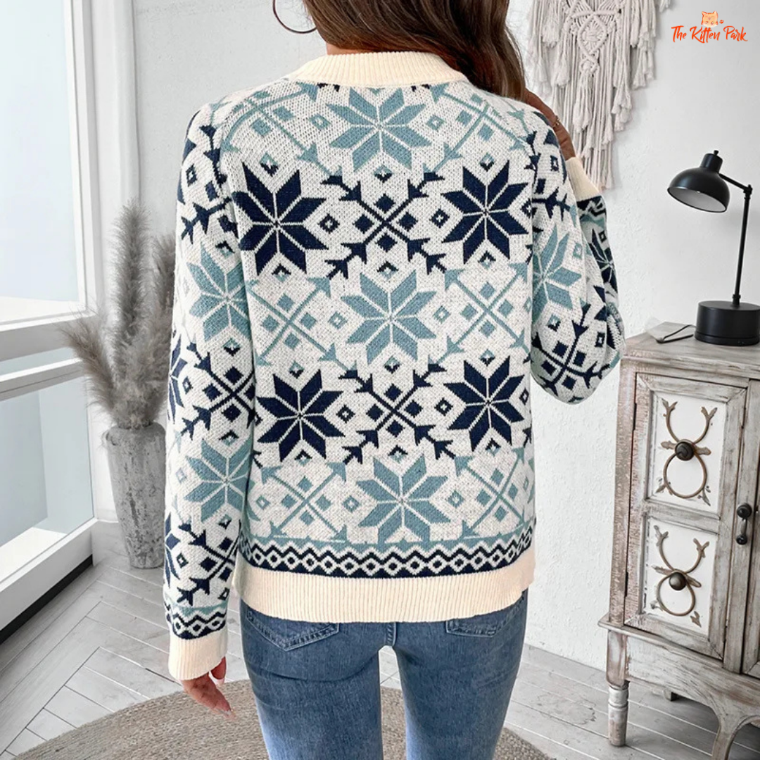 Retro Nordic snowflake knit sweater for women featuring geometric winter pattern, O-neck design, and cozy fine yarn material.