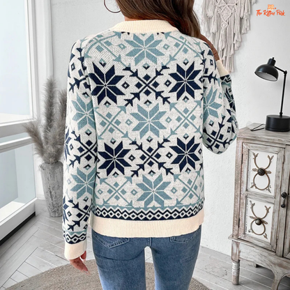 Retro Nordic snowflake knit sweater for women featuring geometric winter pattern, O-neck design, and cozy fine yarn material.