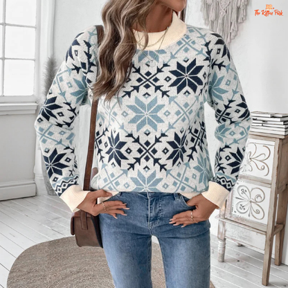 Retro Nordic snowflake knit sweater for women featuring geometric winter pattern, O-neck design, and cozy fine yarn material.