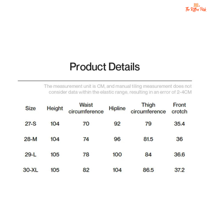 Product details table with size measurements in centimeters